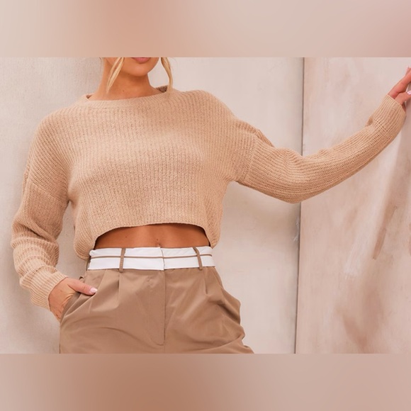 PrettyLittleThing Basic Crew Neck Cropped Sweater in Camel - Picture 1 of 4